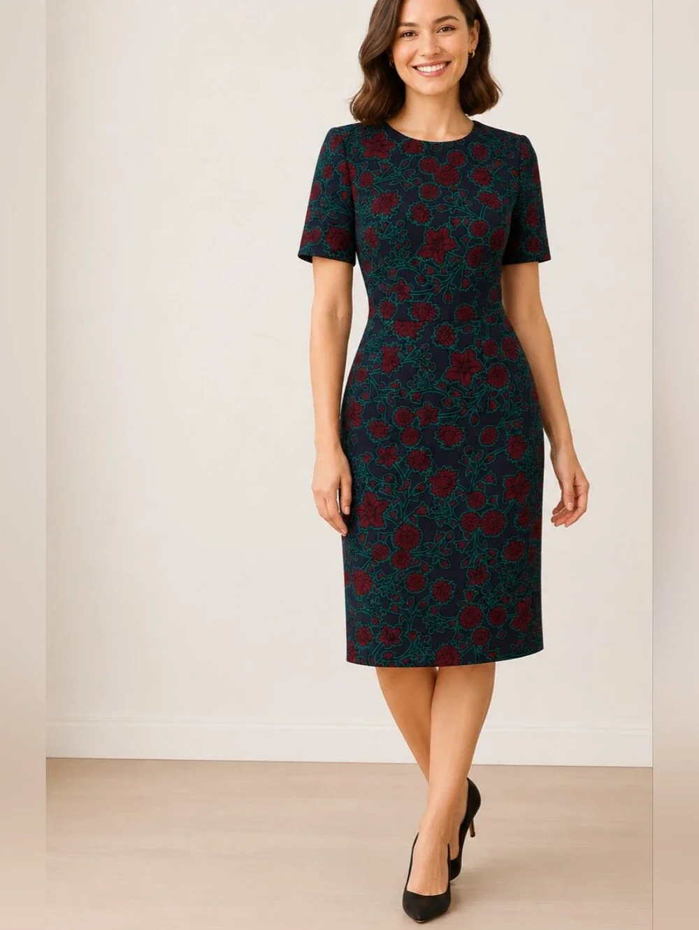 J. Crew Teal and Burgundy Floral Sheath Midi Dress Business, Office Dress Petite